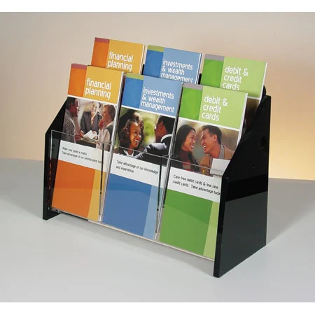 Countertop Brochure Holder, Clear w/Black Ends, 2-tier, 6 pockets 1