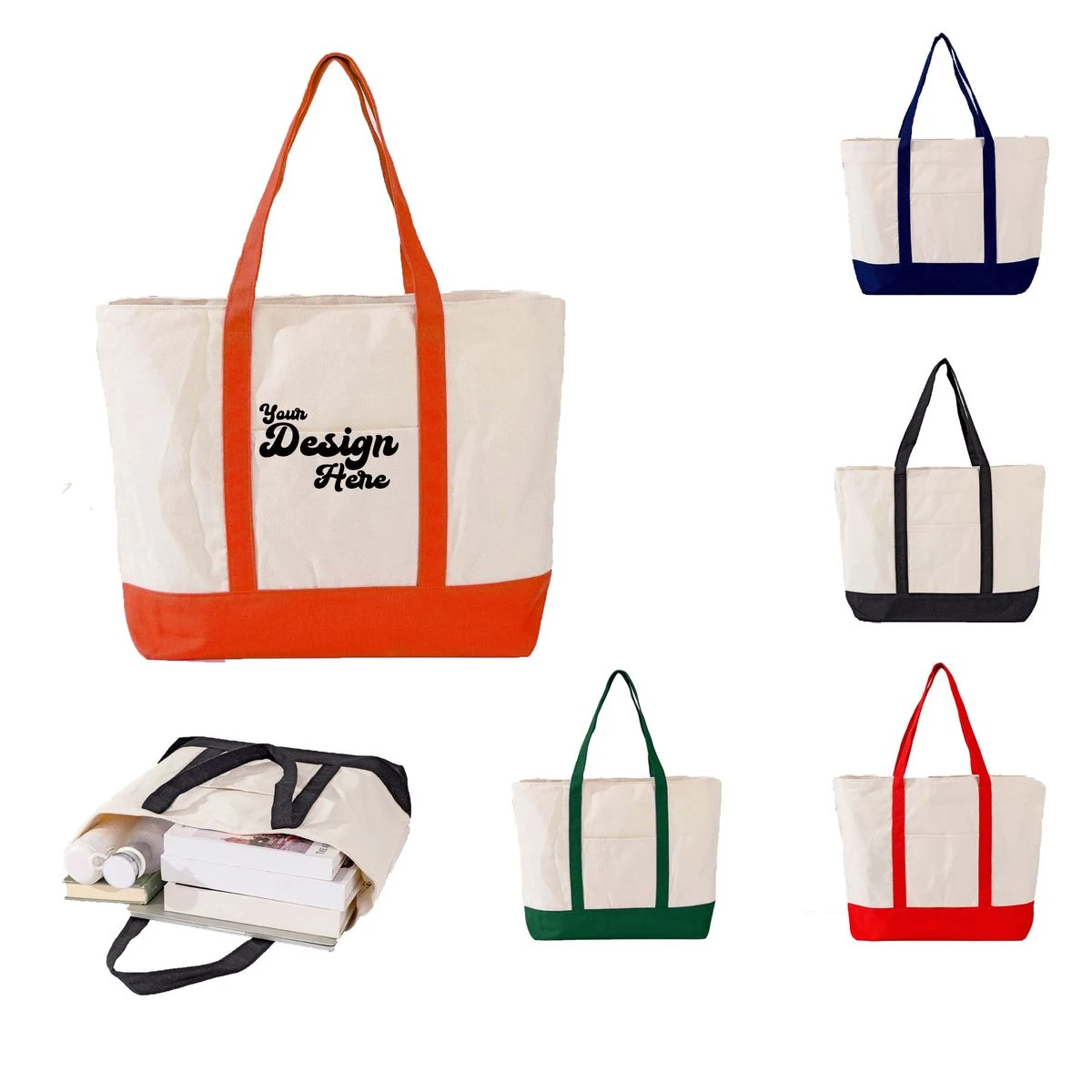 Two-Tone Patchwork Canvas Tote with Leather Trim for Student, custom tote bag with logo imprint 1