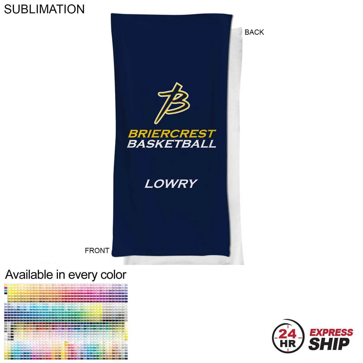 24 Hr Express Ship - Team Towel in Microfiber Dri-Lite Terry, 20x40, Sublimated bench, neck towel 1