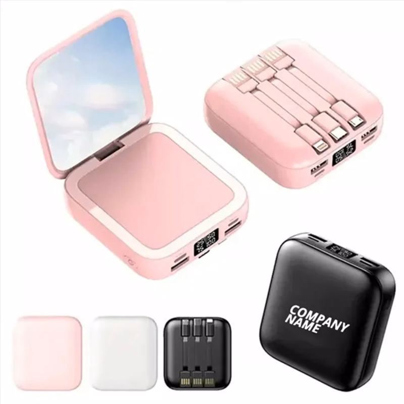 10000mAh Mirror Power Bank with Built-in Cables
