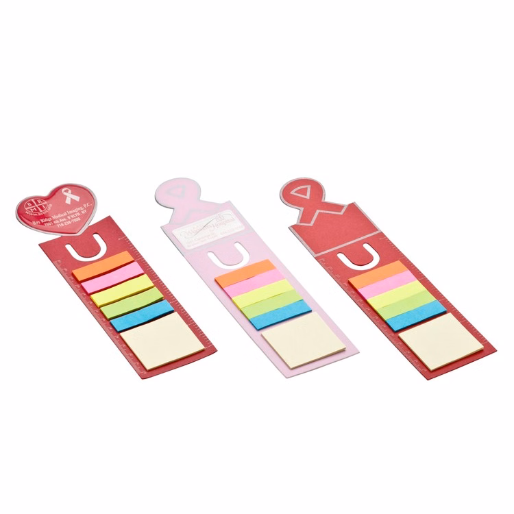 Red Ribbon Recycled Cardboard Ruler with Sticky Notes and Full Color Imprint