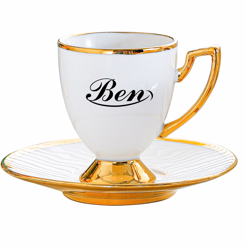 Ceramic Round Coffee Cup with Gold plated Rim and Saucer