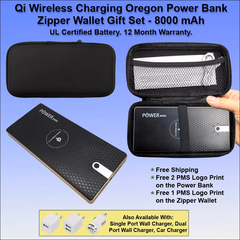 Qi Wireless Charging Oregon Power Bank Zipper Wallet Gift Set 8000 mAh