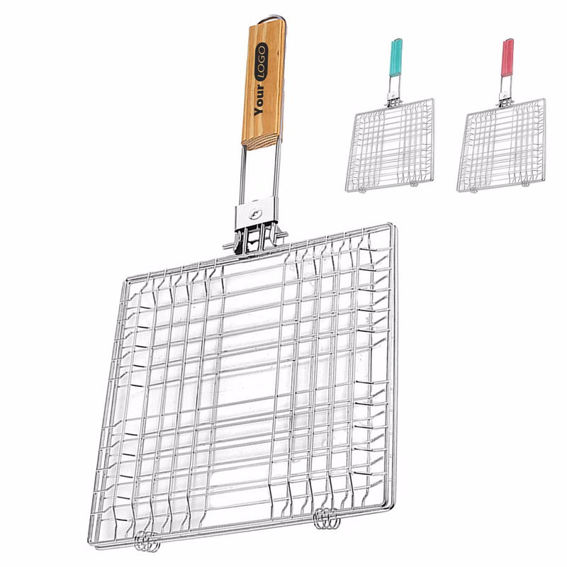 Stainless Steel Locking Grill Basket With Wooden Handle For Outdoor Cooking