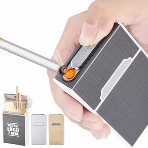 Slim Aluminum Cigarette Case With Magnetic Closure And USB Rechargeable Lighter Top