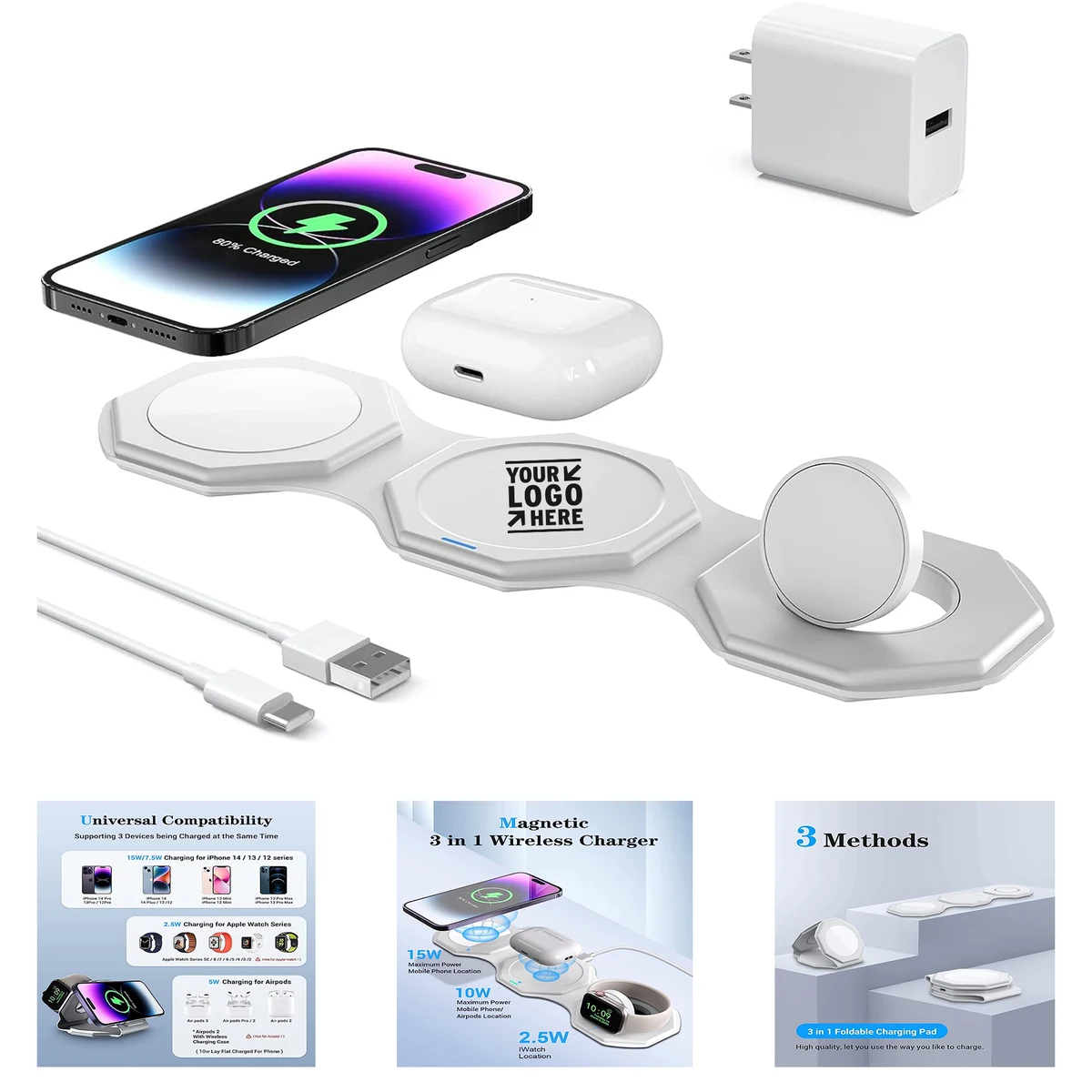Foldable 3 in 1 Fast Charging Station Travel Wireless Charging Pad 1