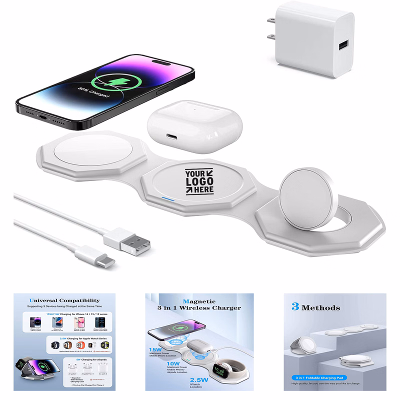 Foldable 3 in 1 Fast Charging Station Travel Wireless Charging Pad