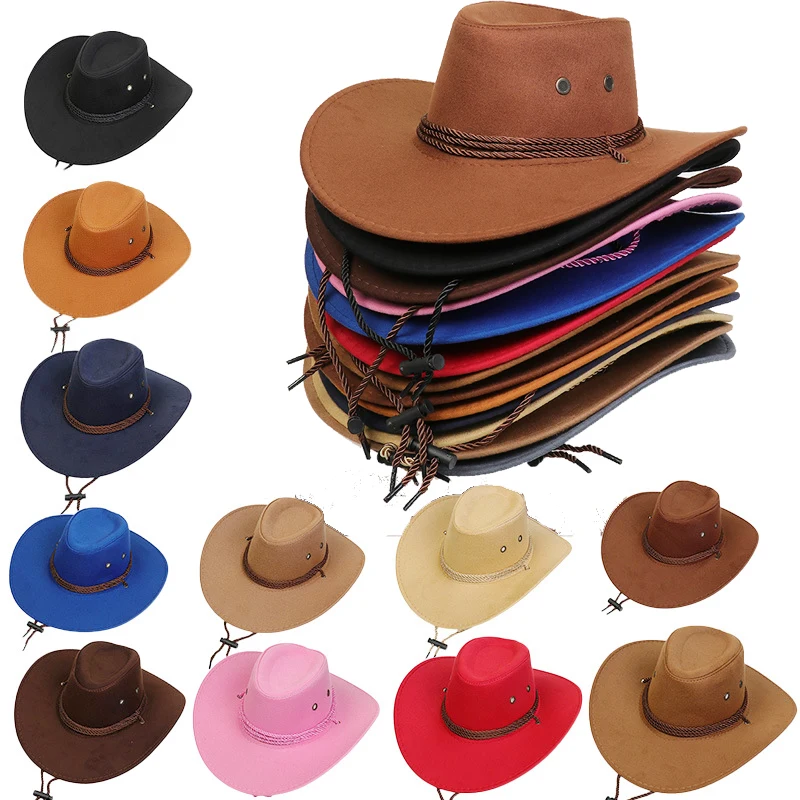 Unsex Roll Brim Western Classic Felt Cowboy Chin Strap Hats Caps 1