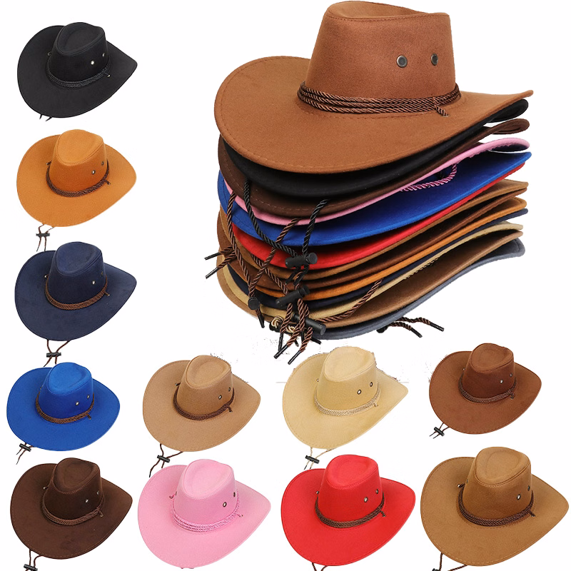 Unsex Roll Brim Western Classic Felt Cowboy Chin Strap Hats Caps