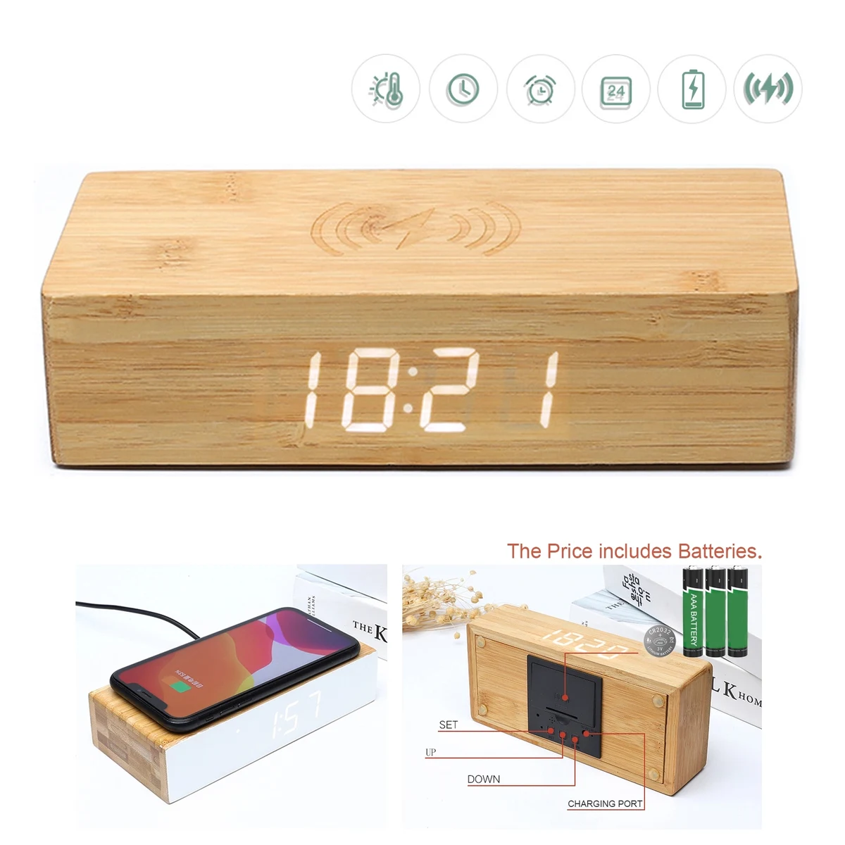 5W Wireless Charging Bamboo LED Alarm Clock 1