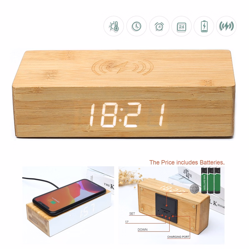 5W Wireless Charging Bamboo LED Alarm Clock