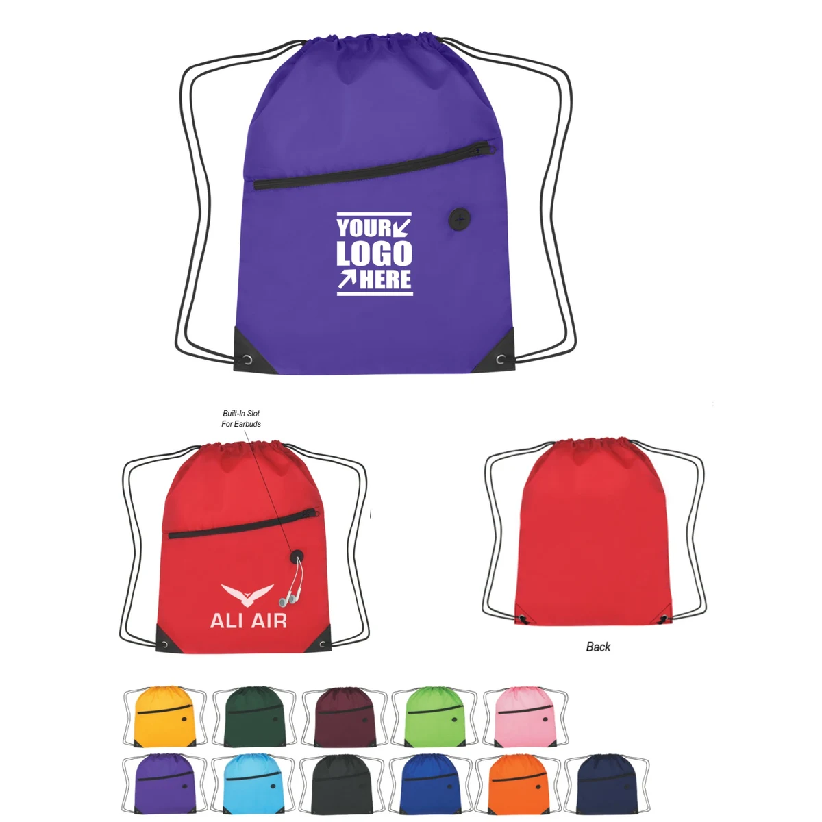 Custom Drawstring Backpack With Front Zipper Pocket 1