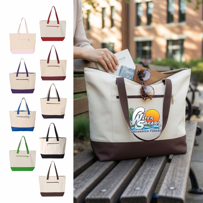12 oz. Heavy Cotton Canvas Two Tone Zippered Tote Bag-Low MOQ 30 & 9 Colors