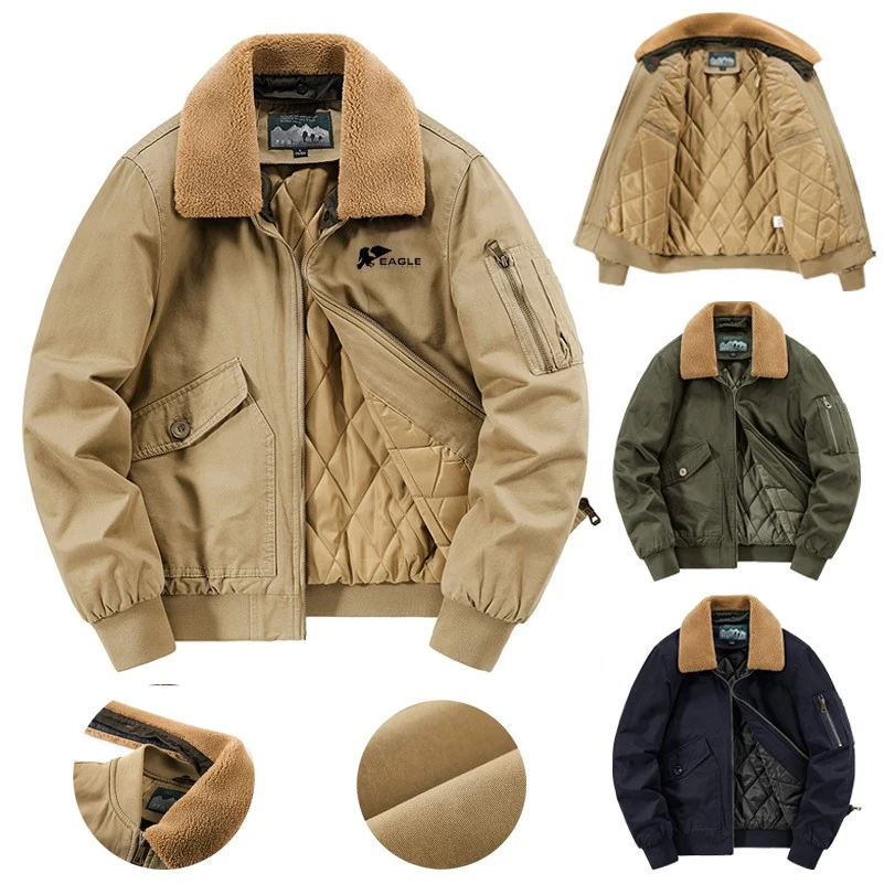 Men's Winter Bomber Jacket Oversized Fleece Outerwear with Zipper Closure and Patches 1