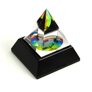 Crystal Etched World Globe Pyramid on Black Base 1