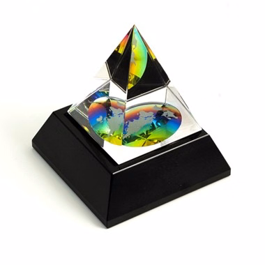 Crystal Etched World Globe Pyramid on Black Base