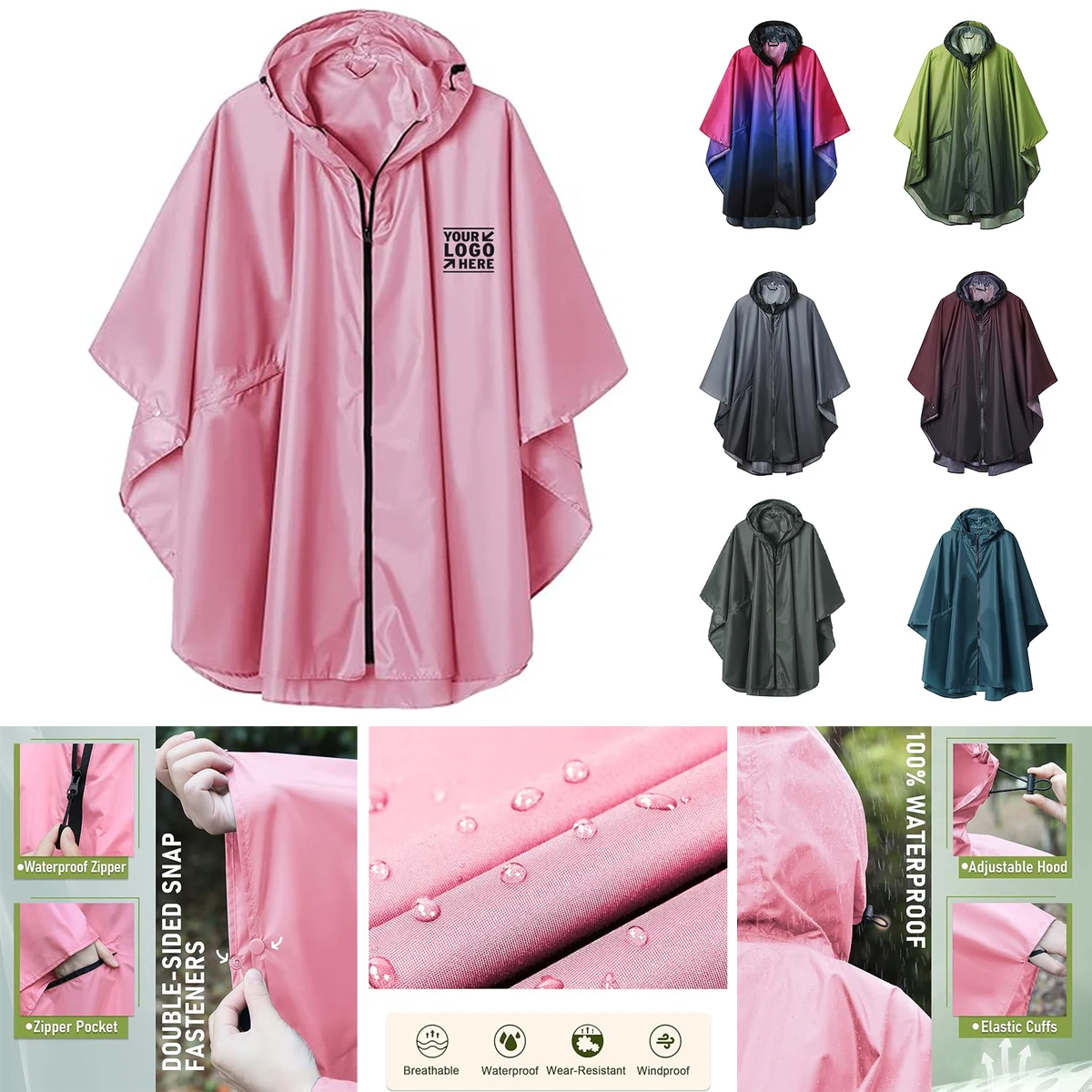 Adults Women Unisex Rain Poncho Raincoat Hooded With Pockets 1