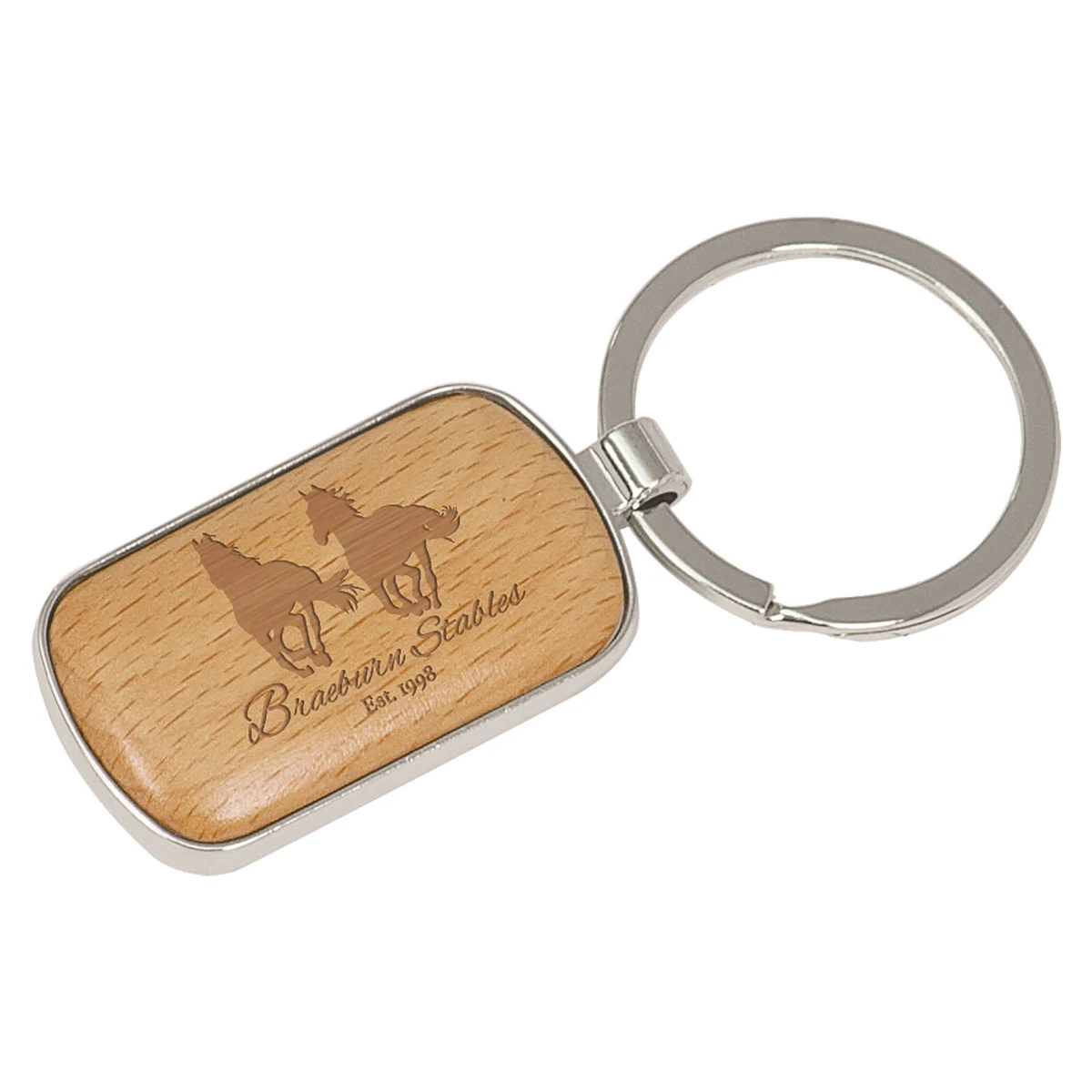 1" x 1 3/4" Wood/Silver Rounded Corner Rectangle Keychain 1