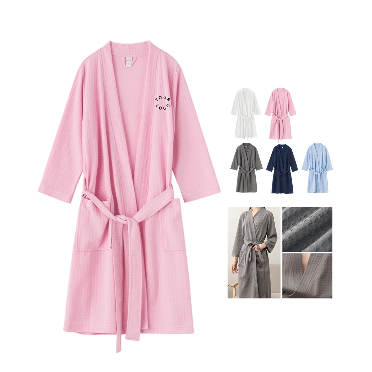 Cotton Waffle Kimono Style Bathrobe Lightweight Design 1