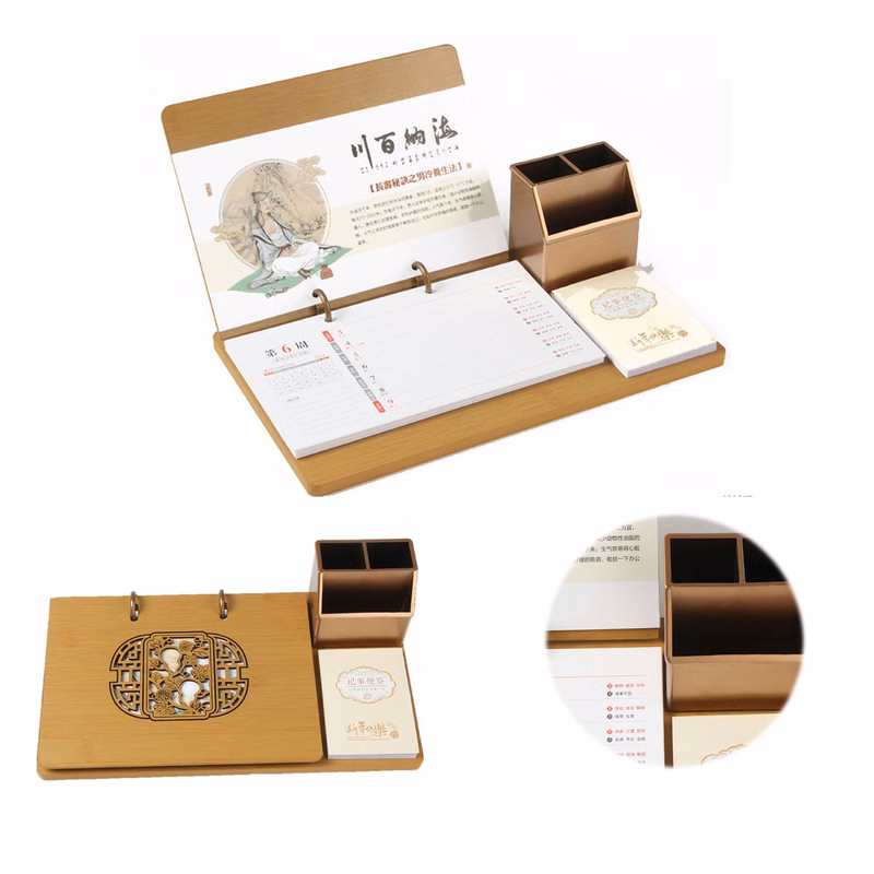 Wooden Notepad Desk Calendar With Pen Holder