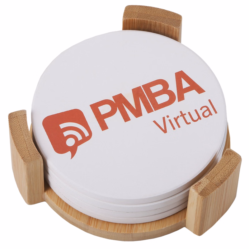Round Ceramic Coaster: 4 Pc Set with Wood Stand
