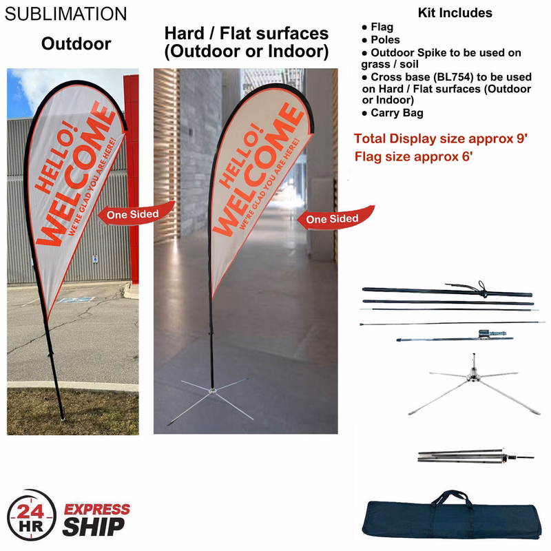 24Hr Express Ship- 9' Small Tear Drop Flag Kit, Full Color Graphics One Side, Outdoor & Indoor bases