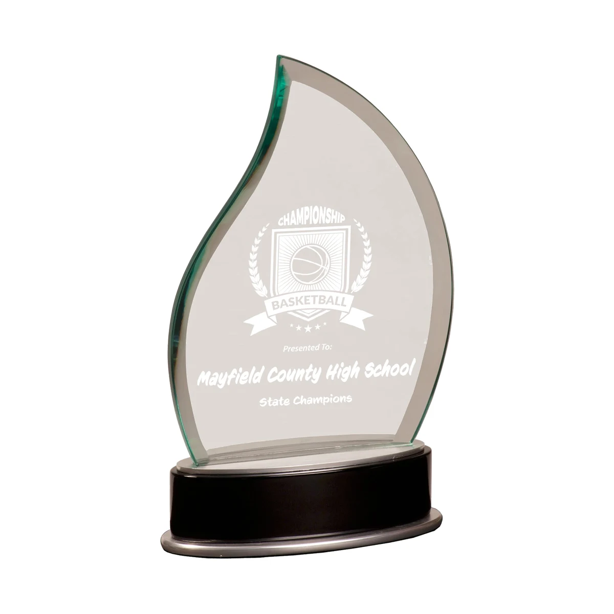 8 3/4" Jade Flame Metro Glass Award w/ Silver and Black Piano Finish Base 1