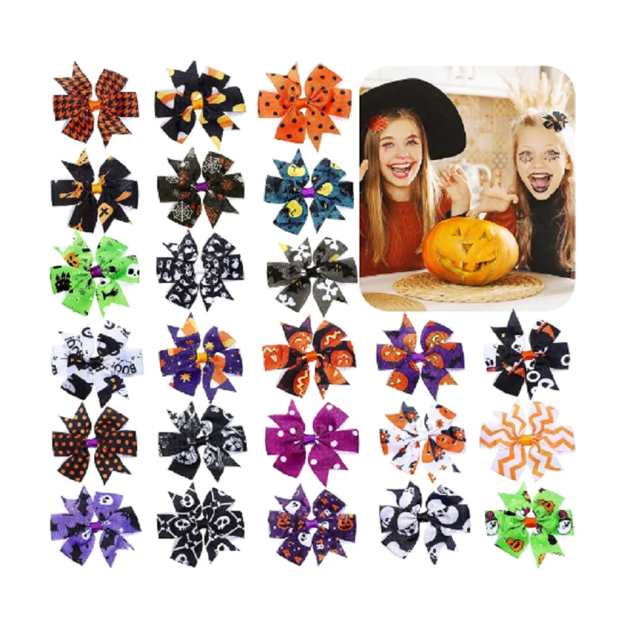 Halloween Colorful Hair Bows Clips/ Ghost Skull Alligator Bow Hair Clips 1