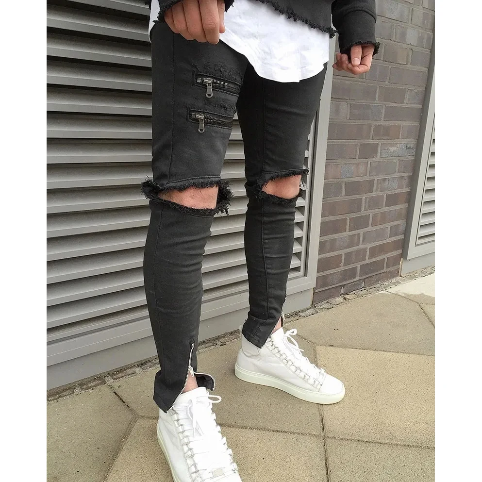 Men's Distressed Biker Jeans with Side Zip and Broken Holes 1