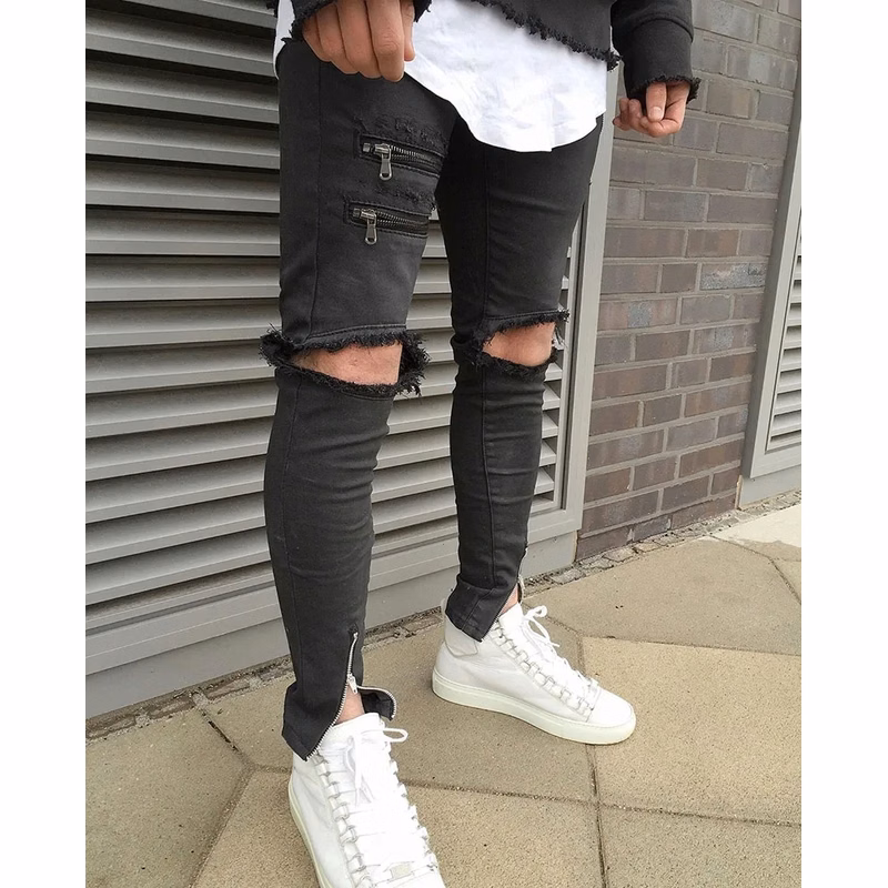 Men's Distressed Biker Jeans with Side Zip and Broken Holes