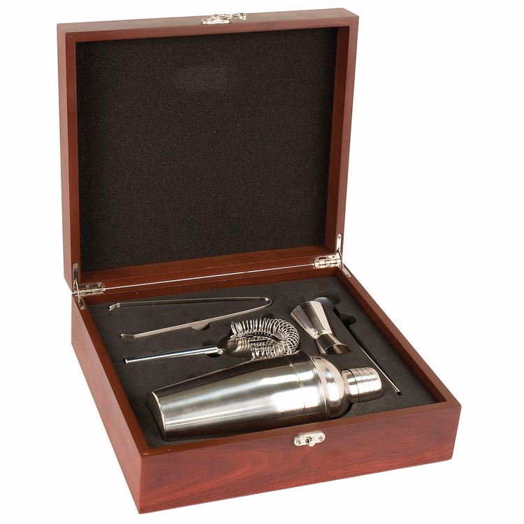 Rosewood Finish Martini Set (engraved plate)