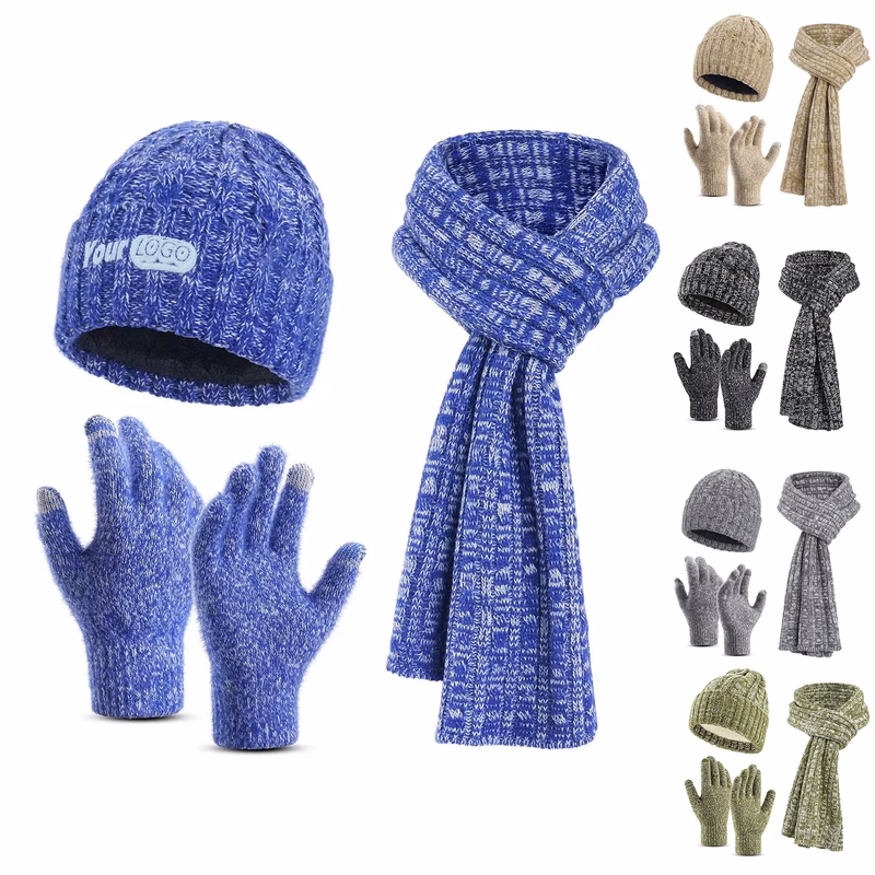 Polyester Knitted Gloves Hat Scarf 3-Piece Set