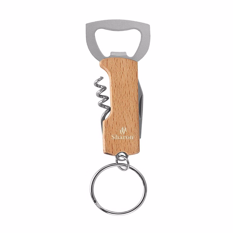 Wooden Bottle Opener Keychain w/ Knife