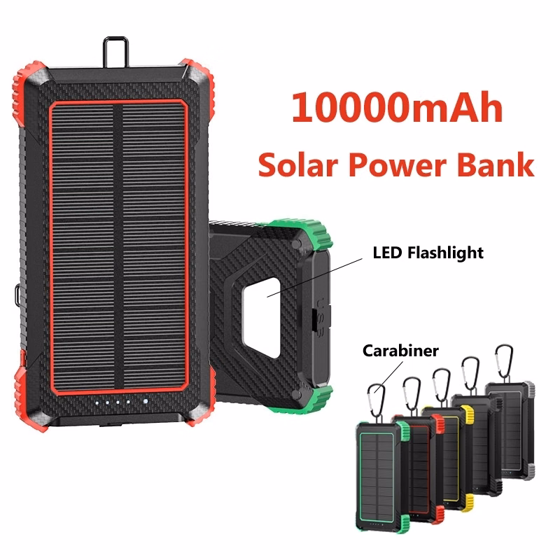 10000mAh Solar Power Bank with LED Flashlight & Carabiner
