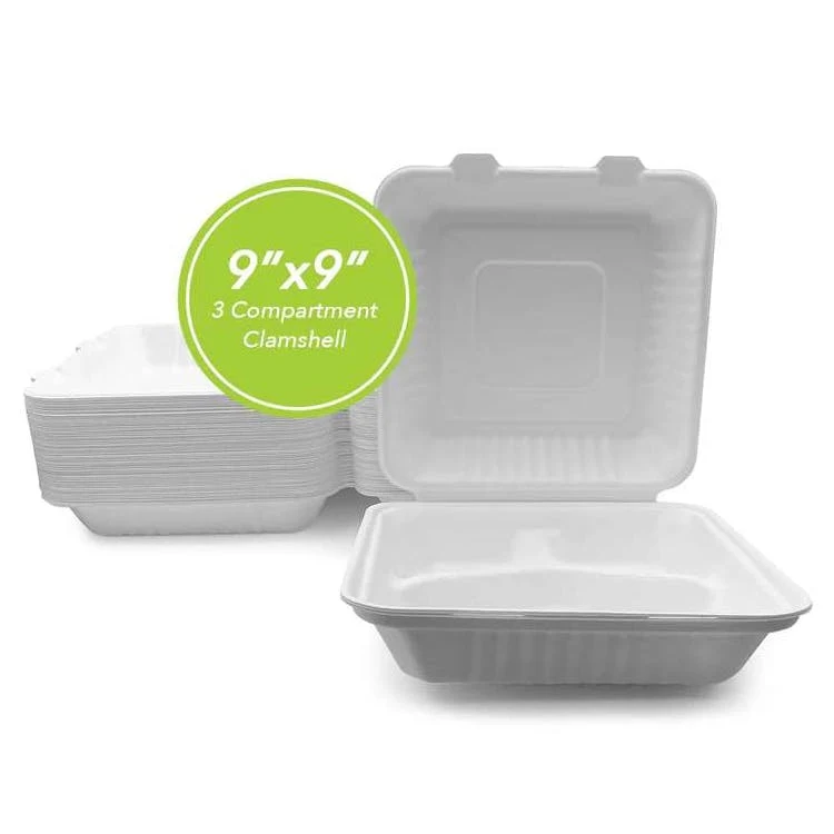 Three Leaf 9"x9" 3 Compartment Bagasse Clamshell 100 Pack 1