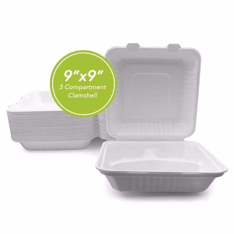 Three Leaf 9"x9" 3 Compartment Bagasse Clamshell 100 Pack