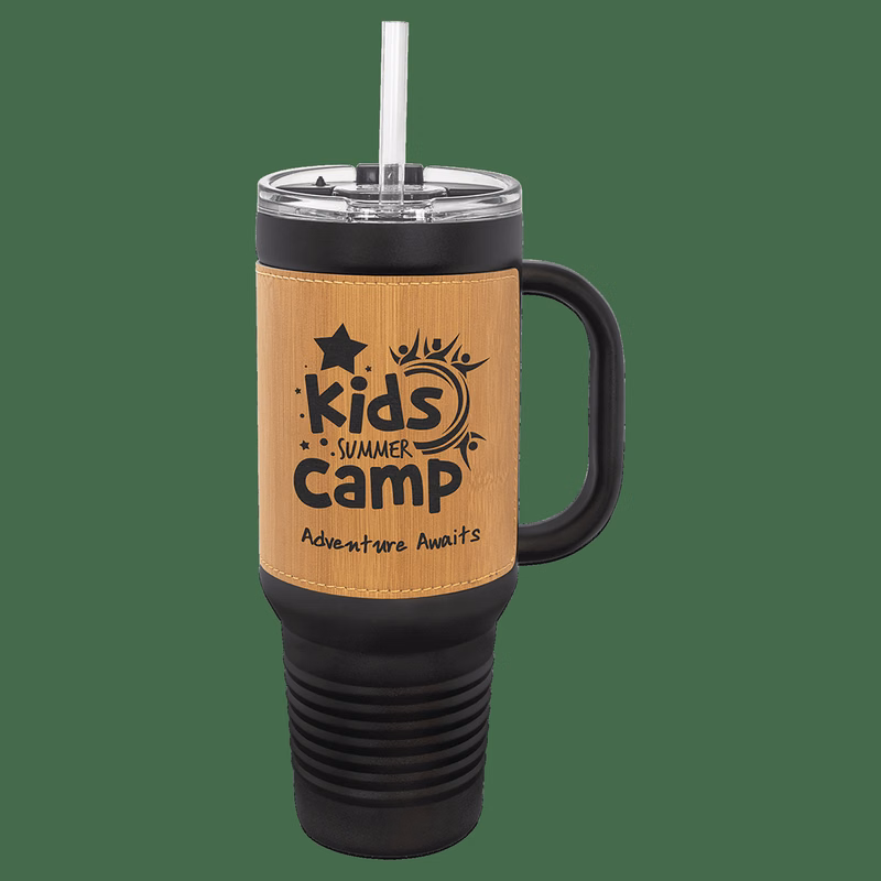Polar Camel 40 oz. Black with Bamboo Laserable Leatherette Travel Mug with a Handle, Straw Included