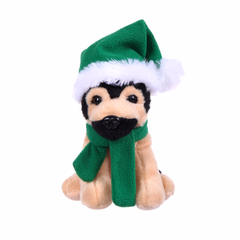 Soft Plush Sitting German Shepherd wearing a Christmas Scarf & Hat
