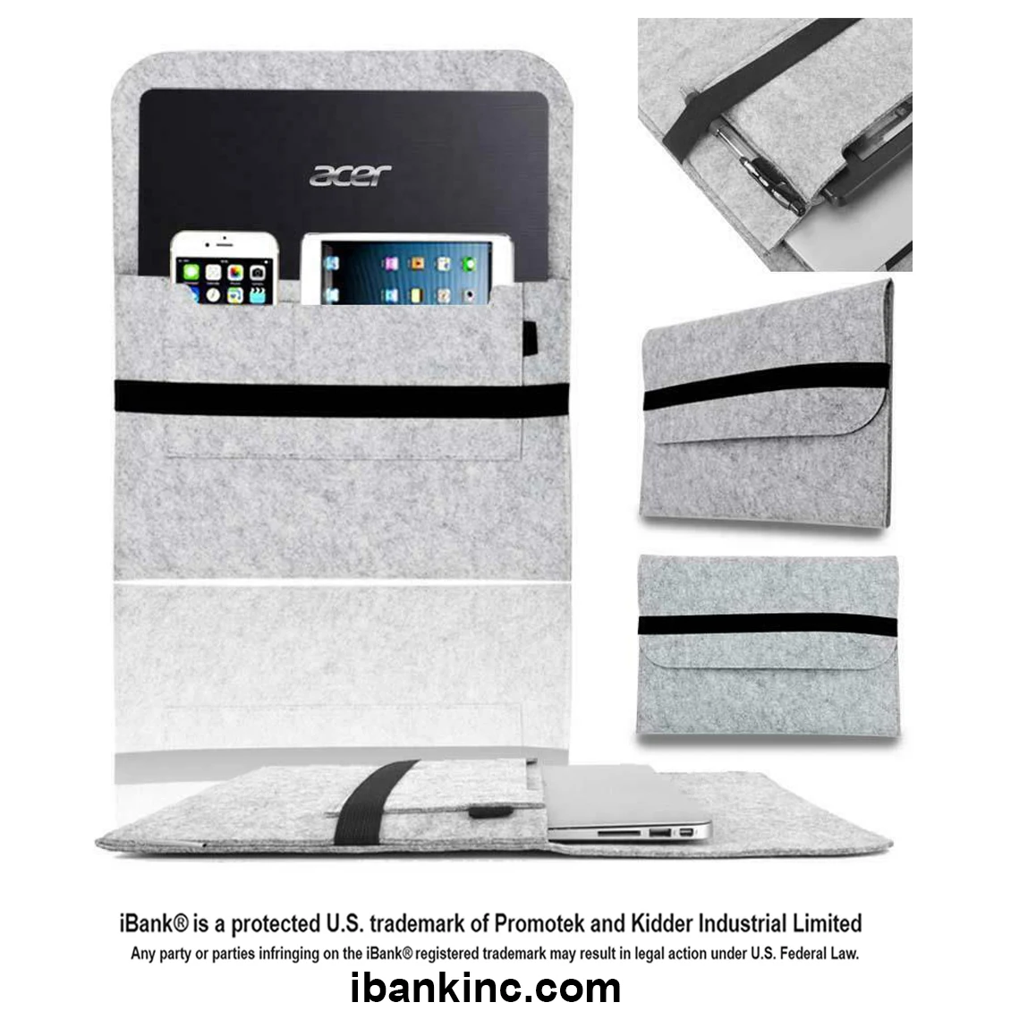 iBank ® 11" Universal Felt Laptop Sleeve with Phone and Tablet Compartments 1