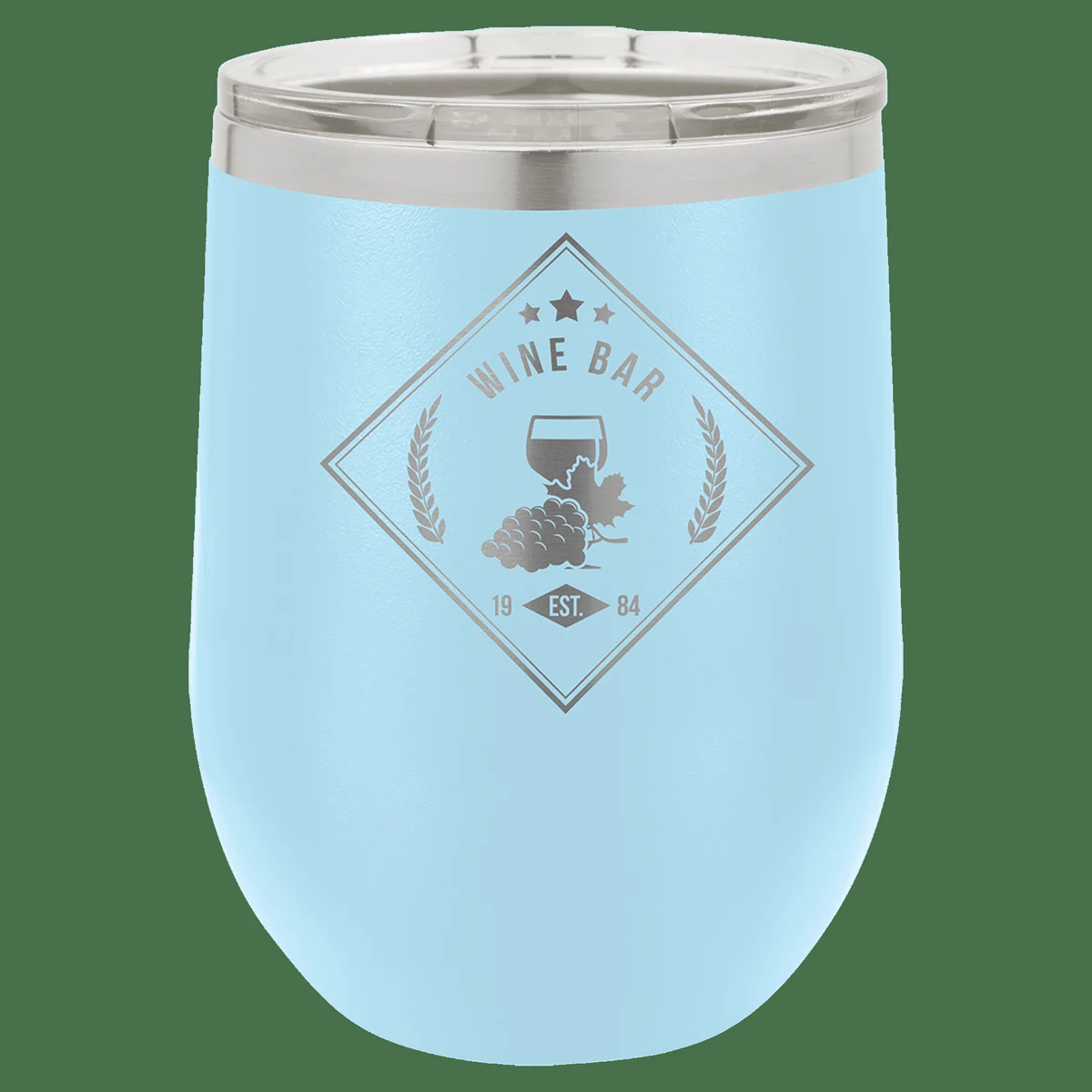 12 oz. Light Blue Laser Engraved Polar Camel Stemless Wine Tumbler w/Clear Lid 1