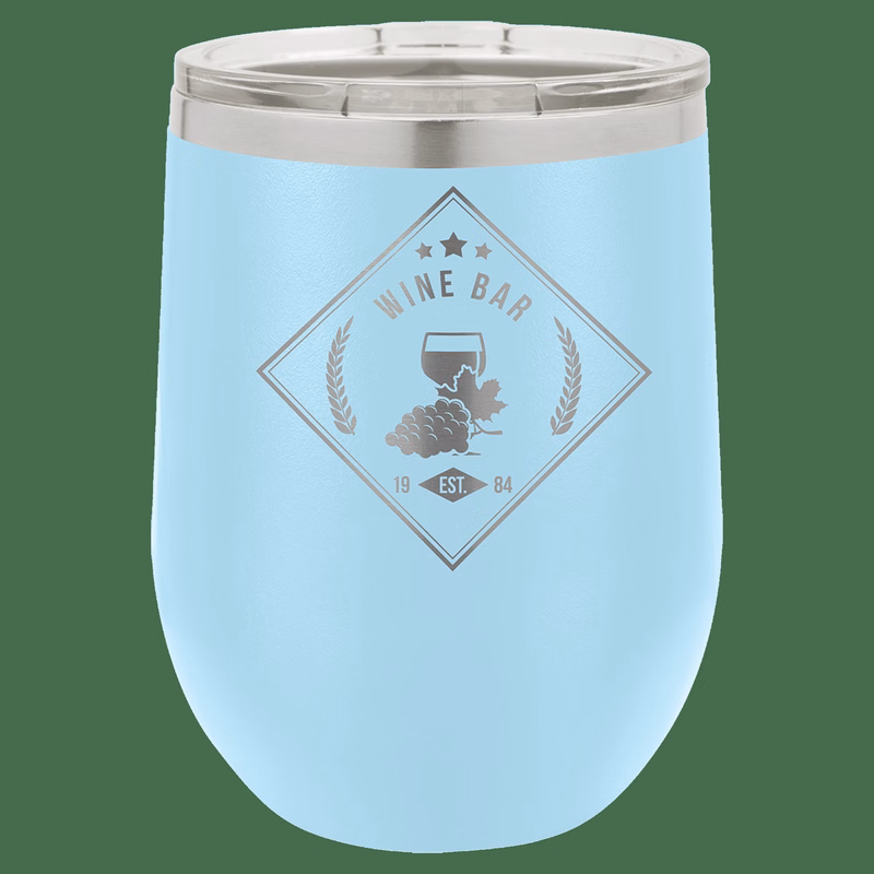 12 oz. Light Blue Laser Engraved Polar Camel Stemless Wine Tumbler w/Clear Lid