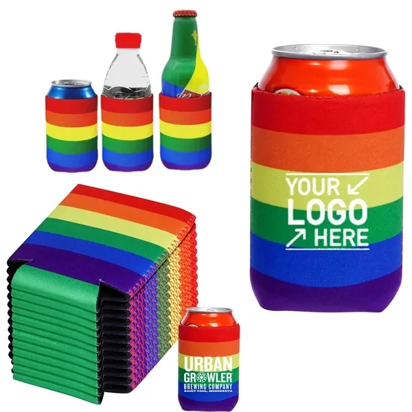 Custom 3mm Neoprene Can Cooler with Rainbow Design — 12 oz Beverage Holder Promo, custom koozie with logo imprint 1
