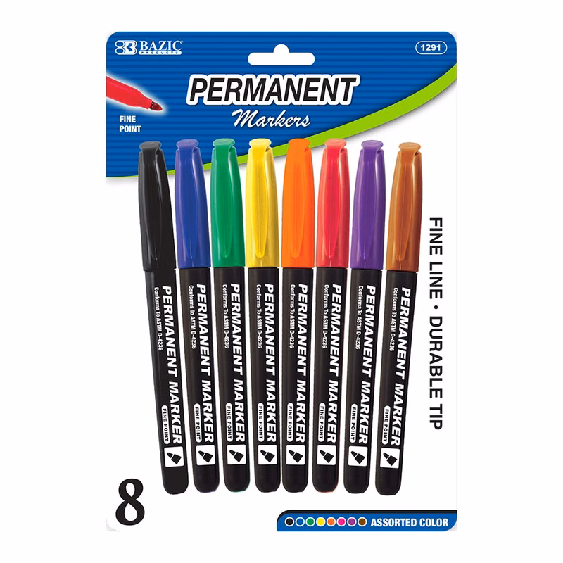 Permanent Markers - 8 Count  Assorted Colors Fine Tip