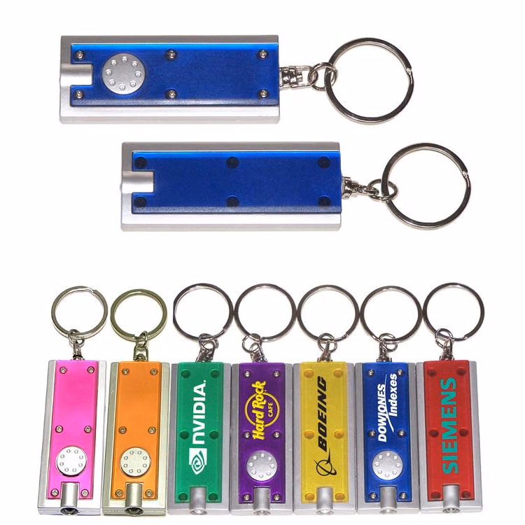 Slim rectangular flash light with swivel key chain, blue