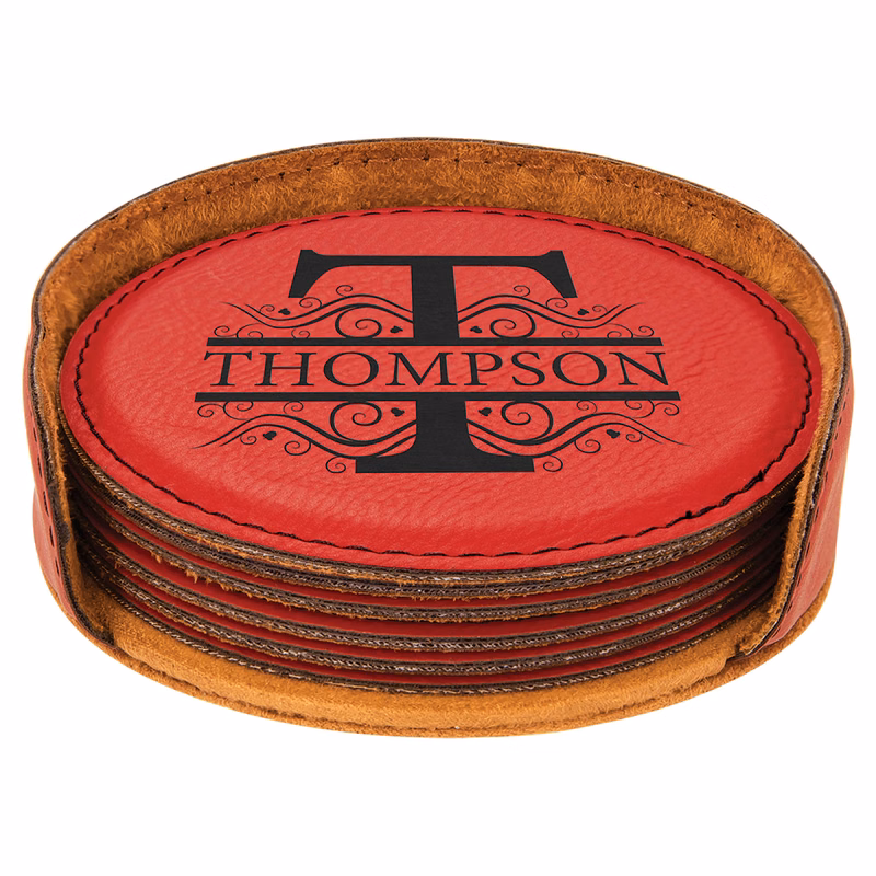4" Red Leatherette Round 6-Coaster Set