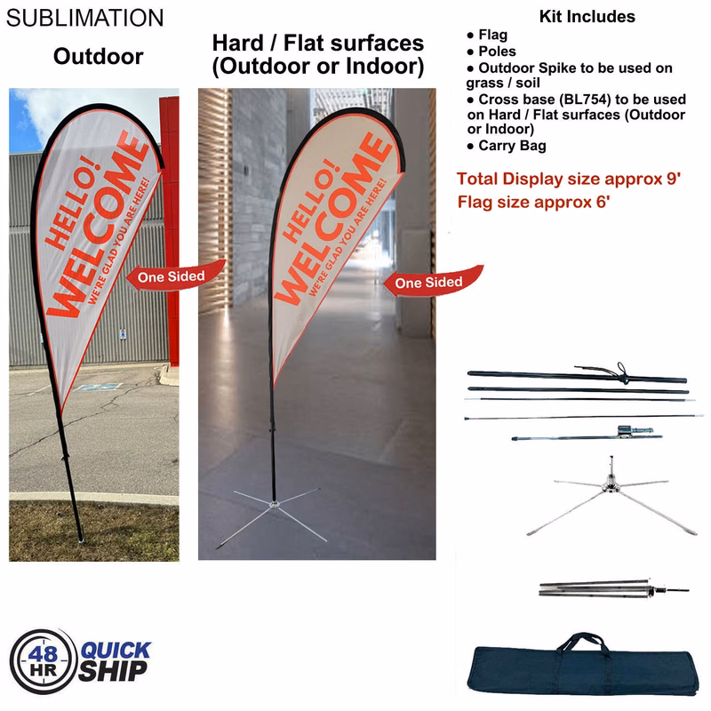 48Hr Quick Ship - 9' Small Tear Drop Flag Kit, Full Color Graphics One Side, Outdoor & Indoor bases