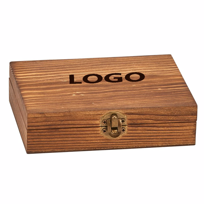Wood Box w/9 Whiskey Stones, Stainless Steel Tongs & Pouch