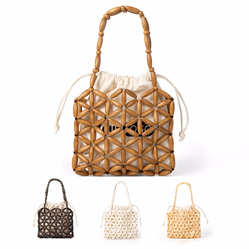 Wooden cutout tote bag with a canvas drawstring bag inside