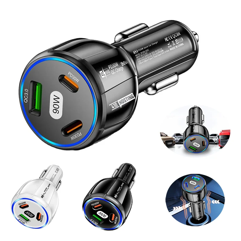 3 Port USB-C & USB-A 90W Fast Car Charger 1