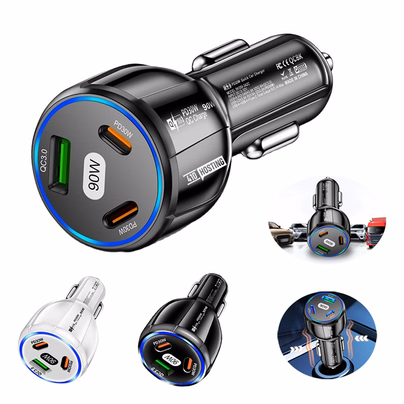 3 Port USB-C & USB-A 90W Fast Car Charger